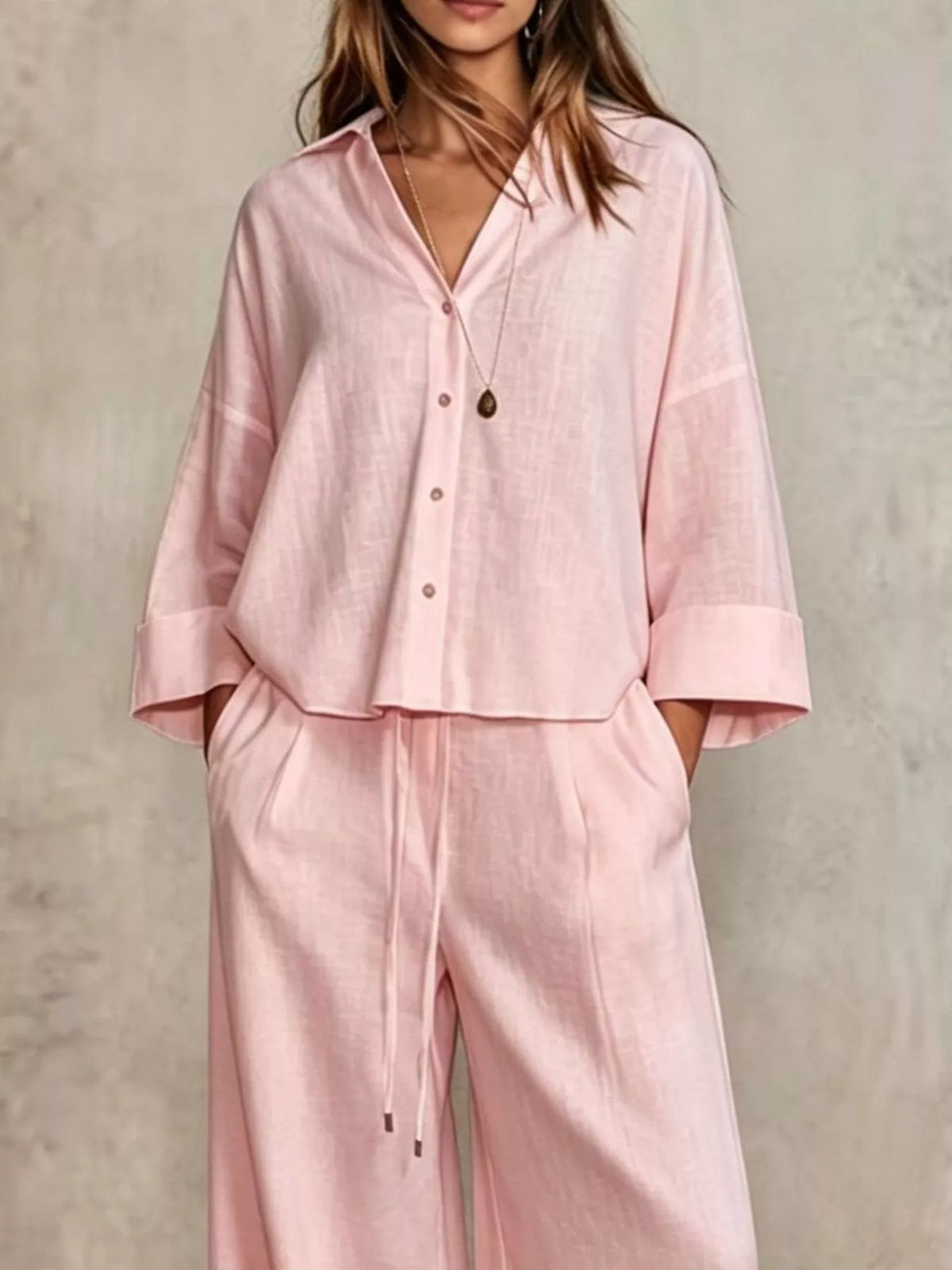 Full Size Button-Down Shirt and Wide-Leg Pants Set Plus Size