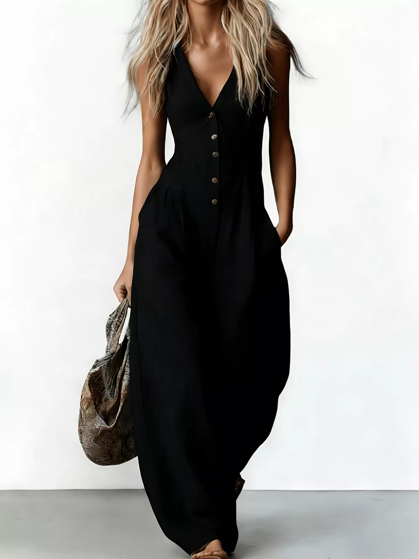 V-Neck Button-Down Wide-Leg Jumpsuit