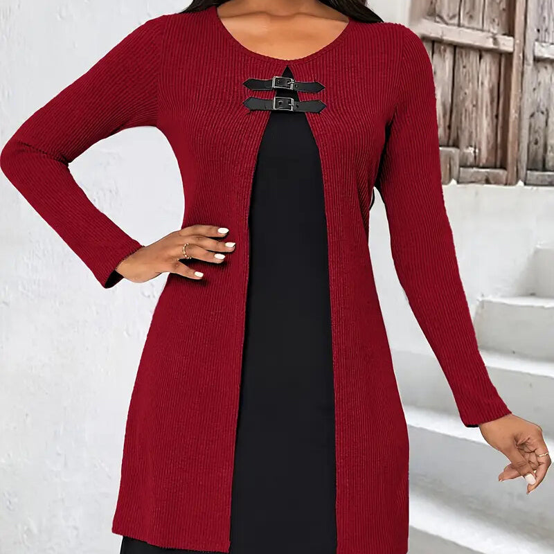 Women's Color-Block Midi Dress, Long Sleeve Faux Two-Piece Daily Dress (See size chart where applicable)