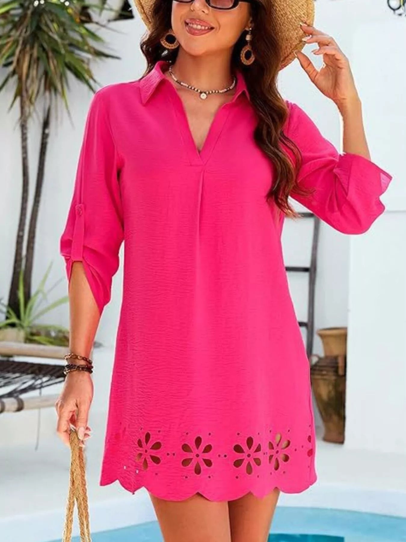 Scalloped Eyelet Hem Roll-Up Sleeve Dress