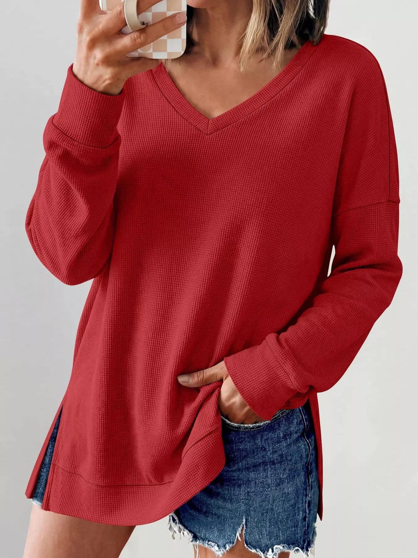 Side Slit Waffle Knit V-Neck T-Shirt