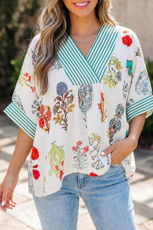 Floral Print Striped Contrast Trim V Neck Half Sleeve Blouse
