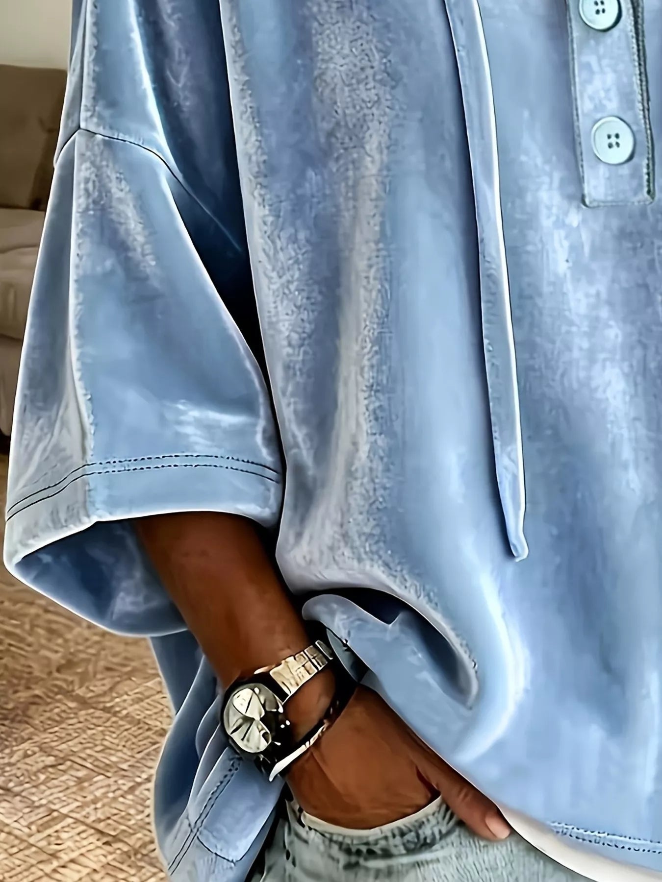 Full Size Velvet Button Detail Drawstring Hoodie Plus Size