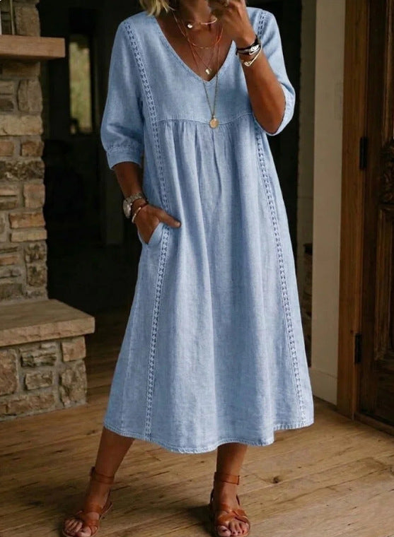 Women's Linen Cotton V-Neck Dress – Lace Trim, Loose Fit, 7 Colors