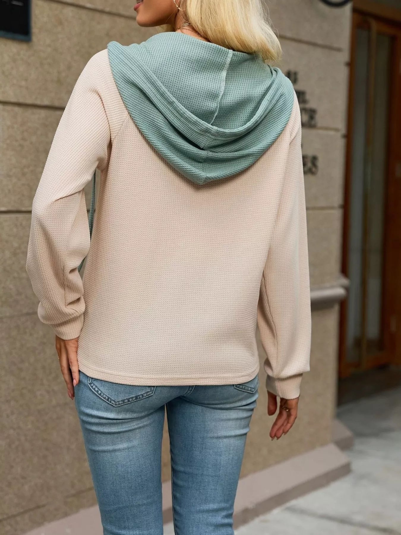 Waffle Knit Henley Hoodie with Contrast Trim