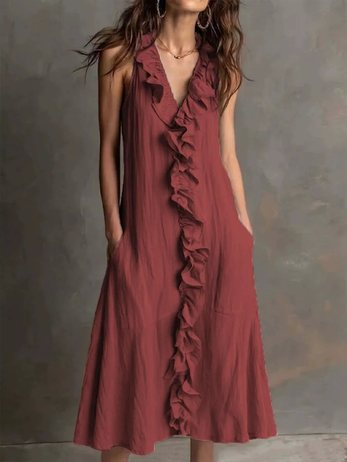 Sleeveless Ruffle Trim V-Neck Midi Dress