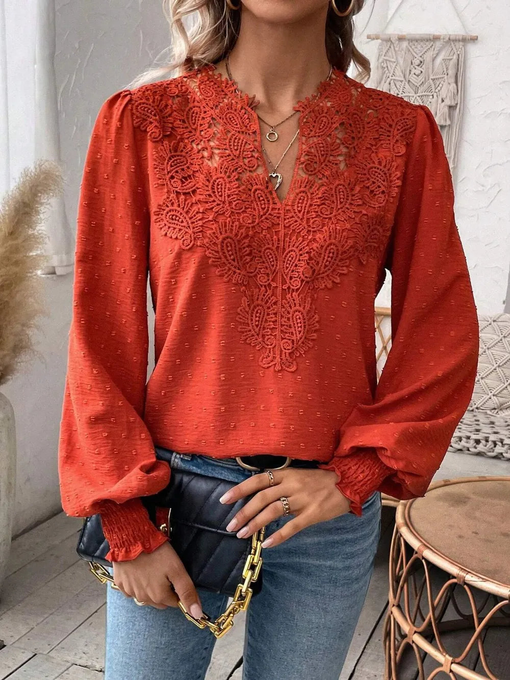 Swiss Dot Lace Detail Notched Long Sleeve Blouse – Feminine Style