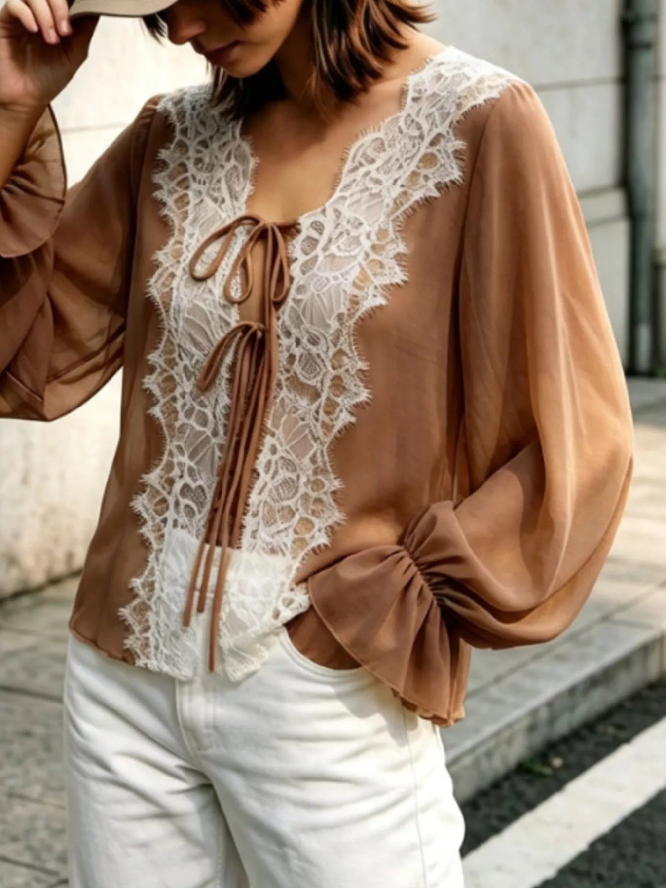 Sheer Lace-Trimmed Front Tie Blouse