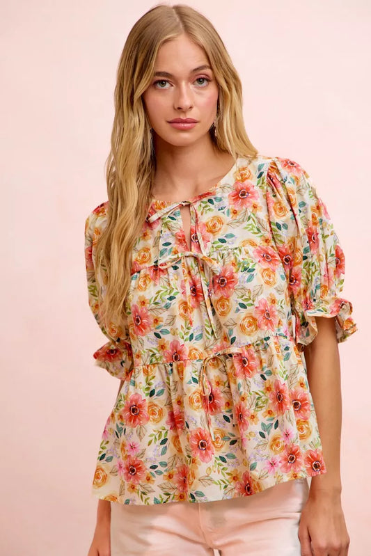 BiBi Flower Printed Shirring Detail Blouse Top