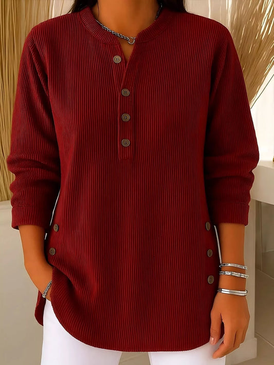 Full Size Ribbed Half Button Henley Top Plus Size