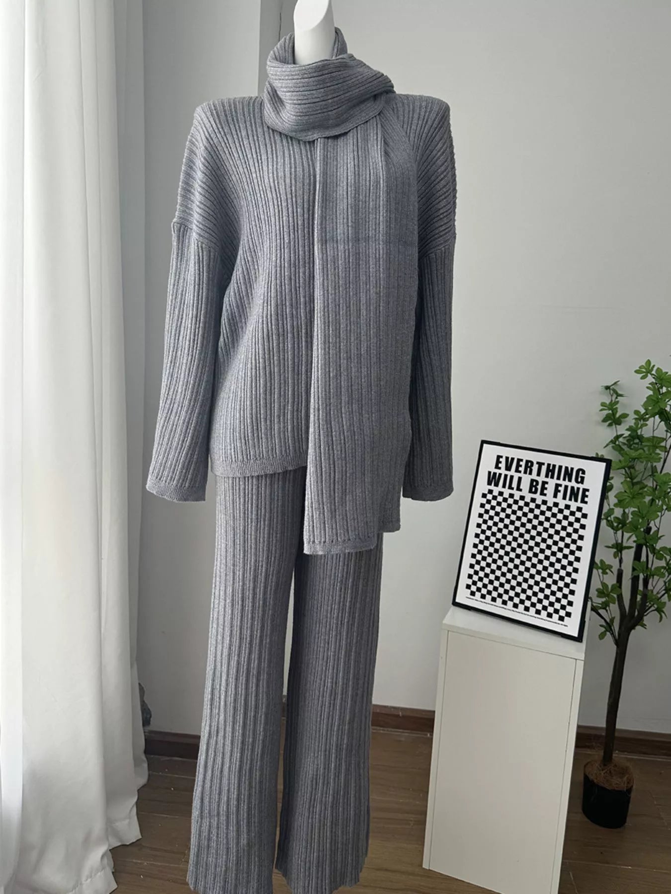 3-Piece Crew Neck Ribbed Sweater and Wide-Leg Pants Set with Scarf