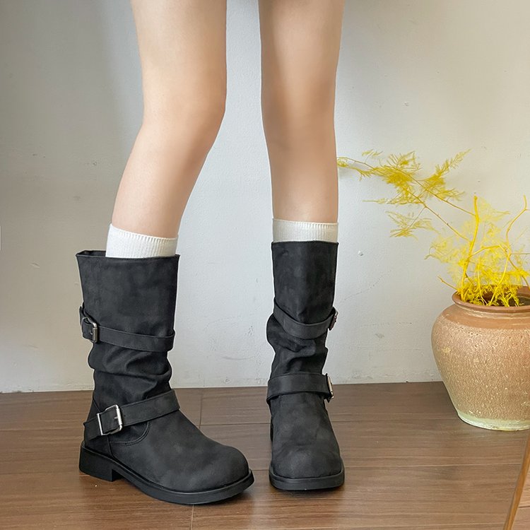 Distressed Slouchy Mid-Calf Boots | Buckle Strap Biker Booties | Y2K Retro