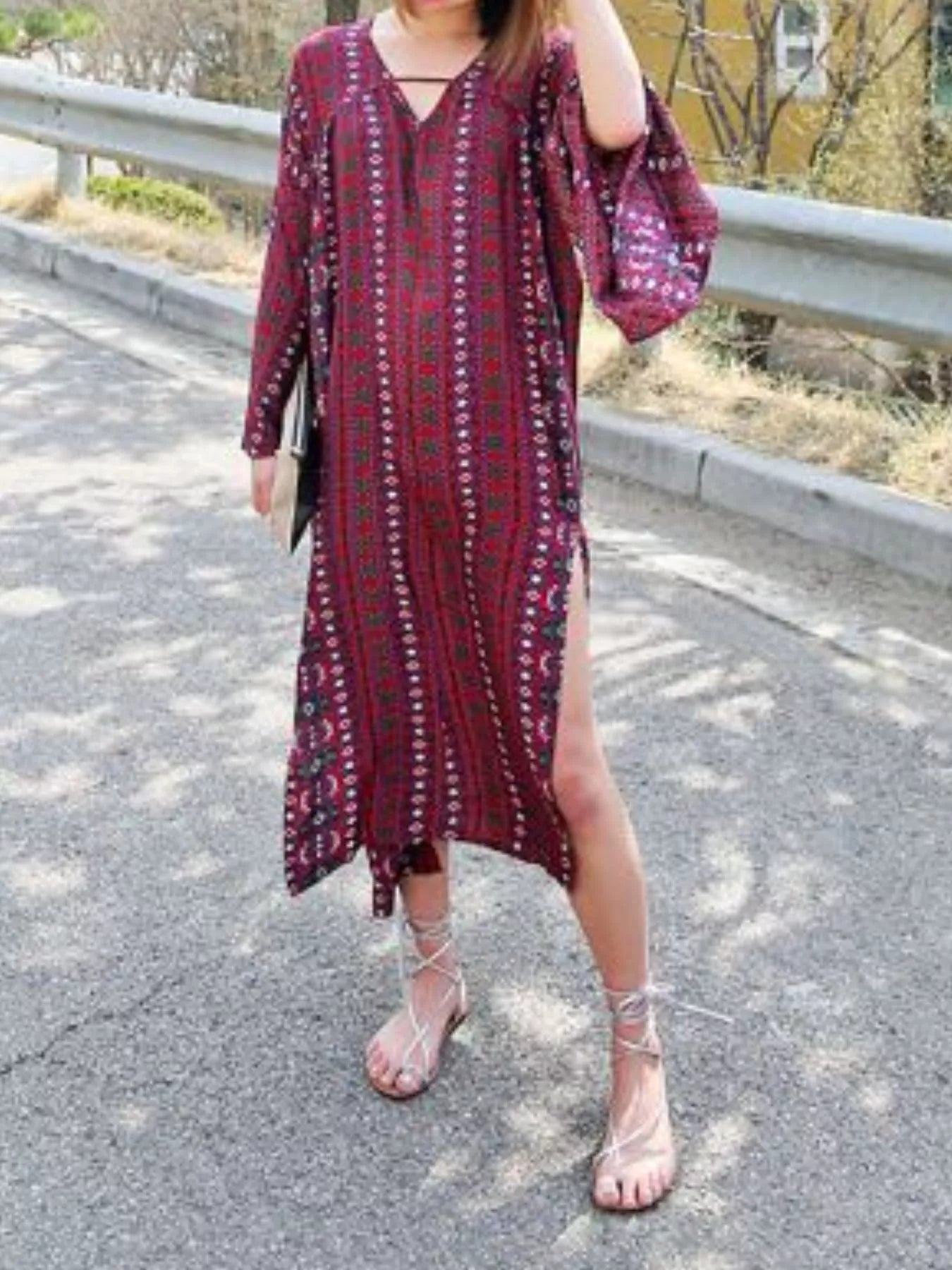 Bohemian Print Midi Dress with Side Slits