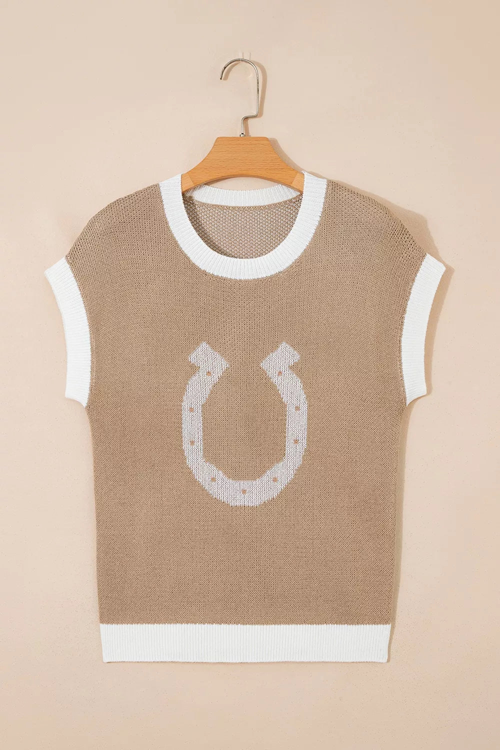 Horse Shoe Pattern Contrast Trim Short Sleeve Sweater