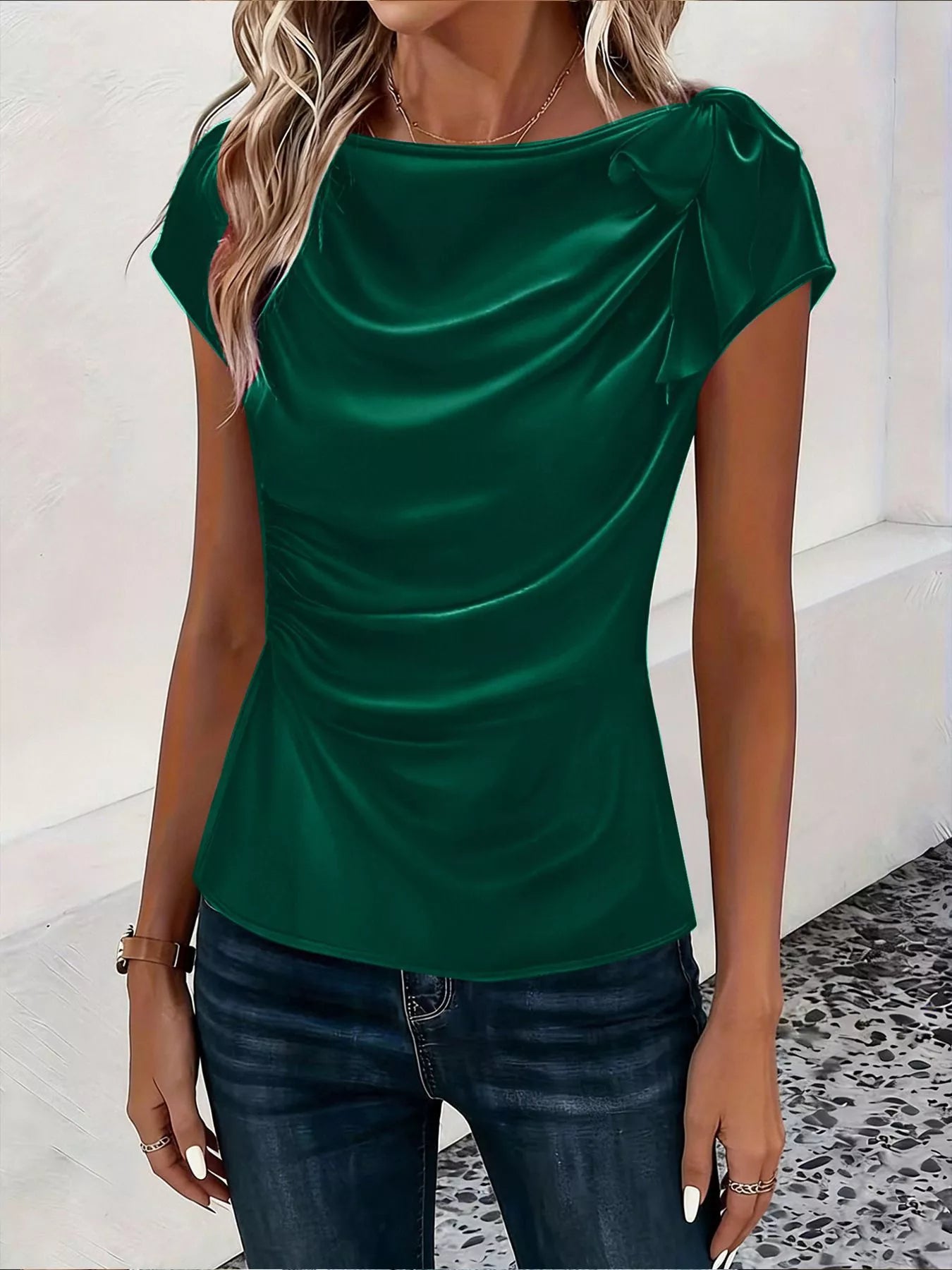 Ruched Short Sleeve Satin Top
