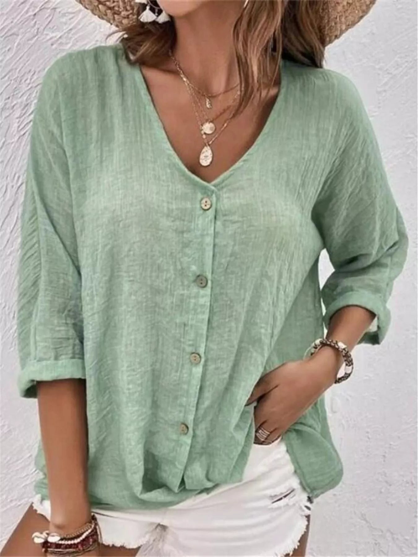 Full Size Casual V-Neck Button-Down Blouse Plus Size