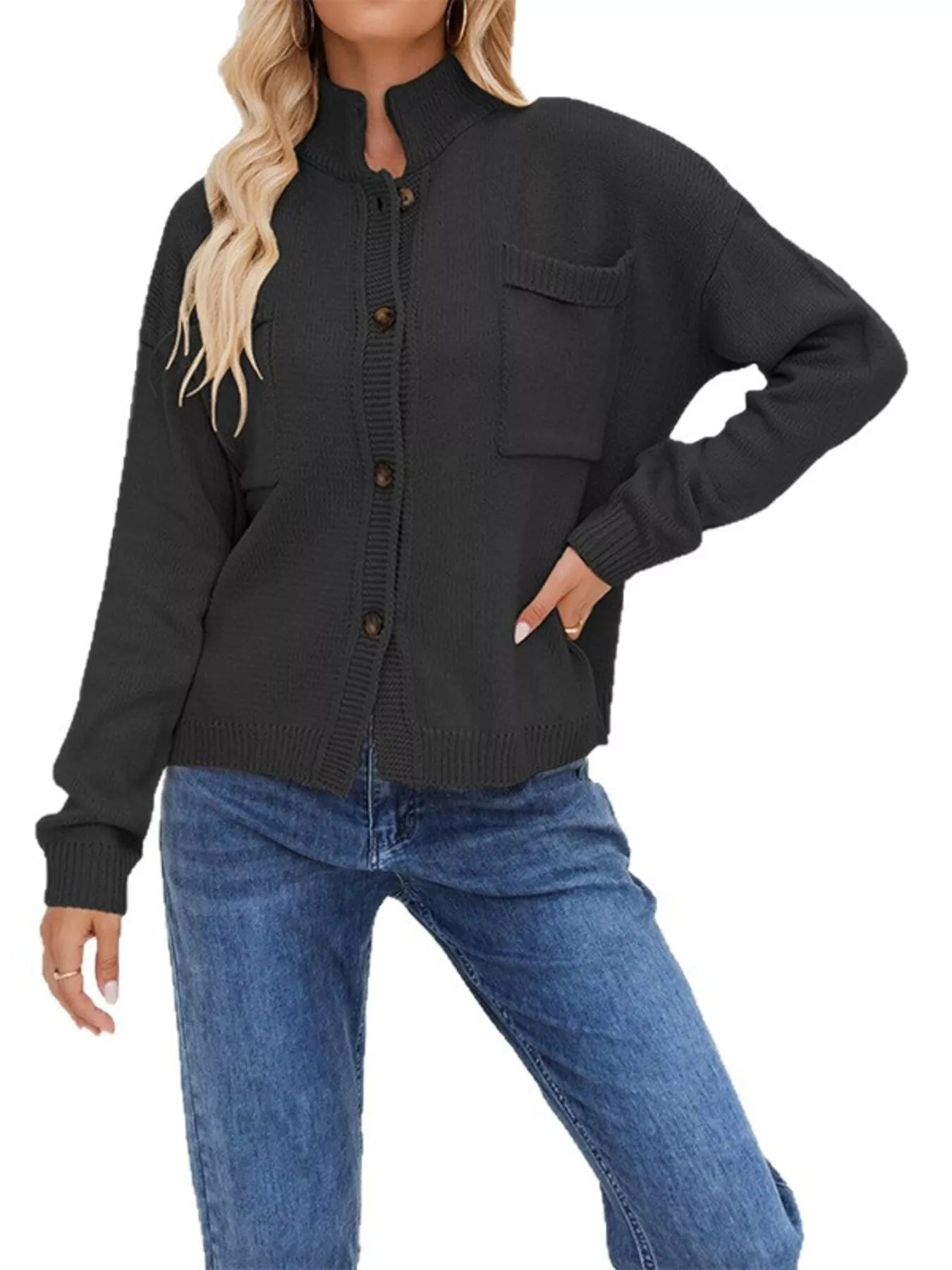 Button Up Dropped Shoulder Cardigan
