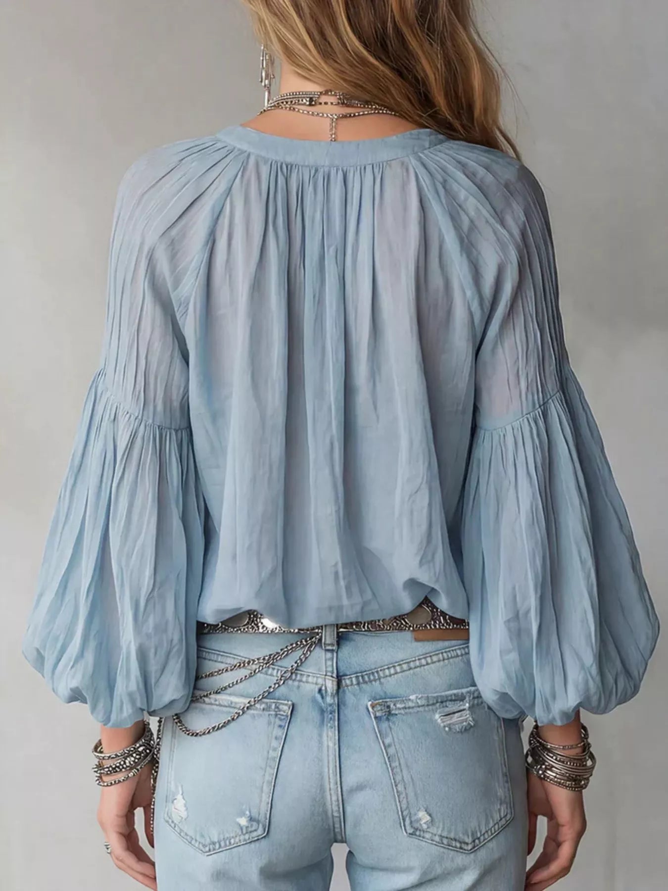 Notched Balloon Sleeve Blouse