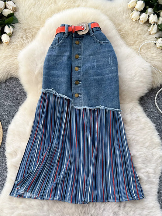 Full Size Striped Patchwork Denim Skirt Plus Size