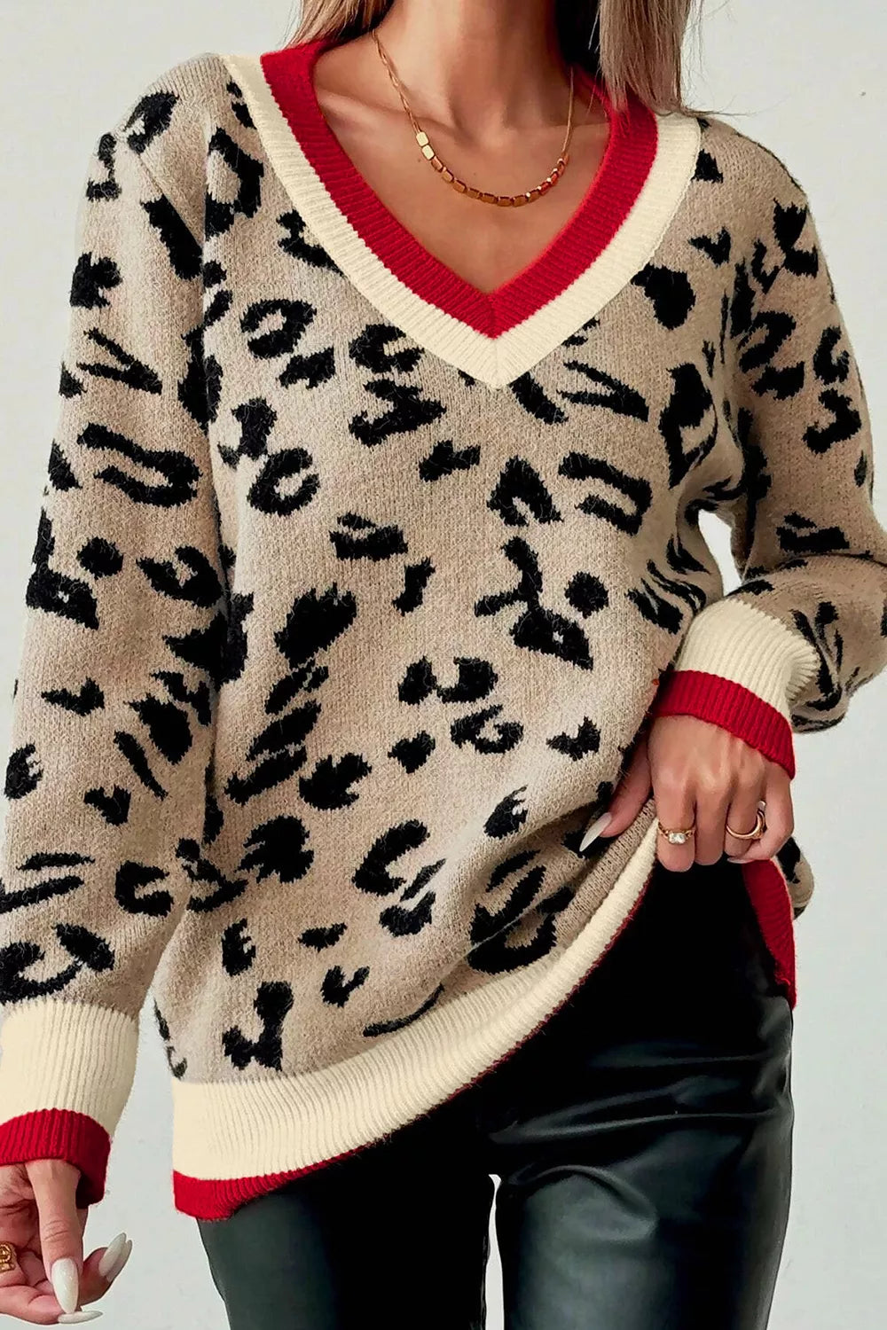 Leopard Pattern V-Neck Contrast Rib Knitted Sweater