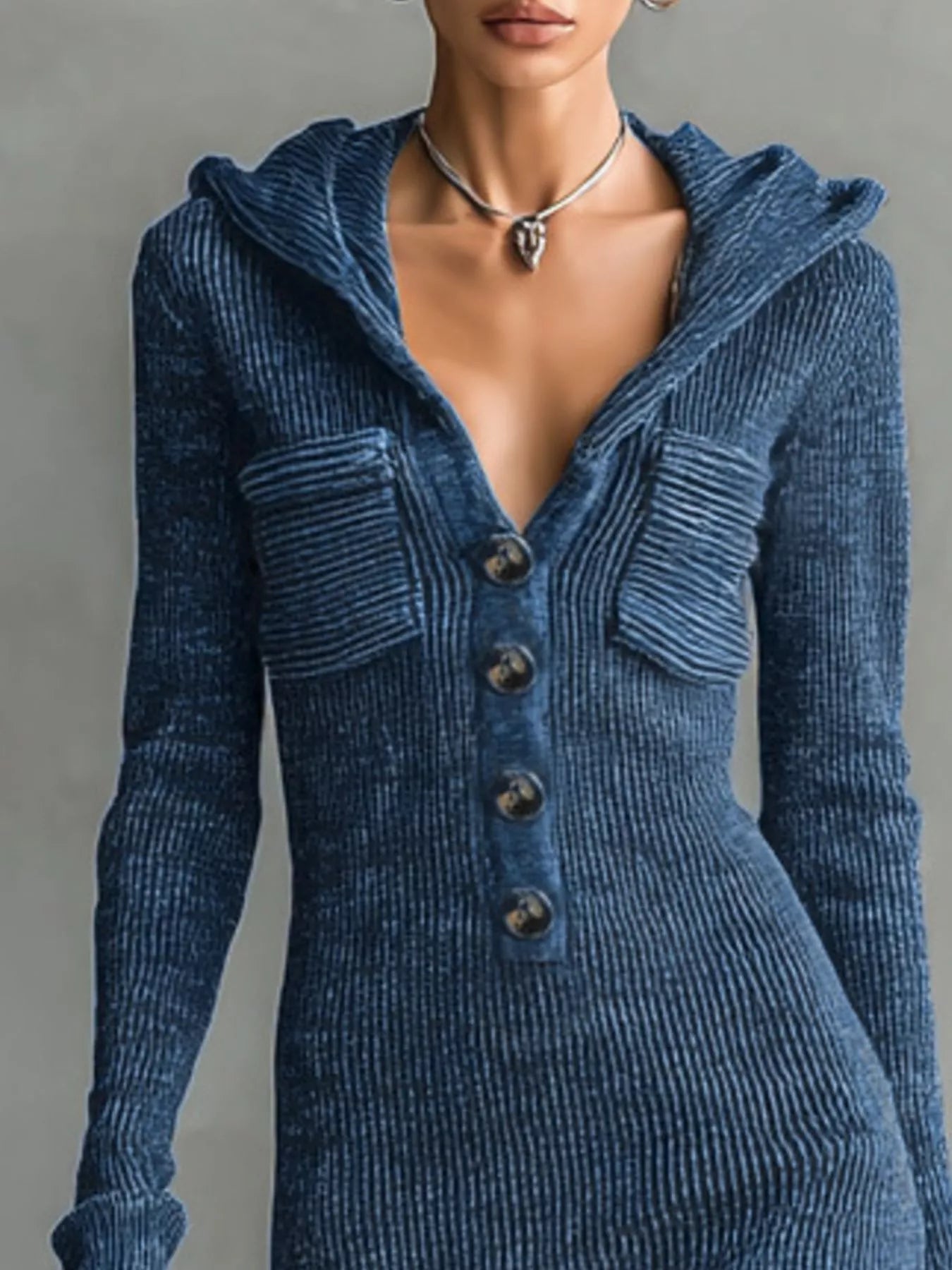 Hooded Knit Maxi Dress with Button-Up Placket and Chest Pockets