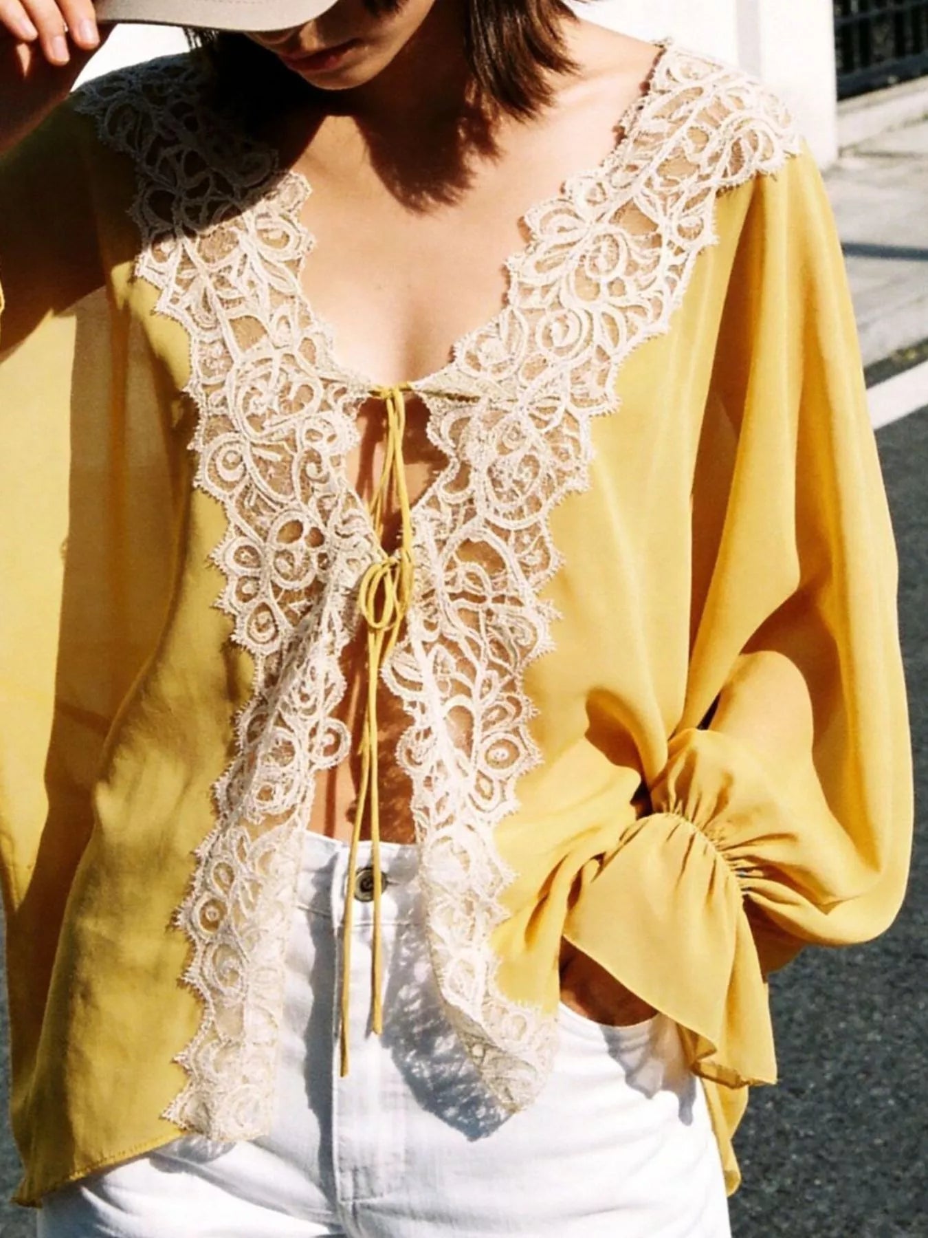 Sheer Lace-Trimmed Front Tie Blouse