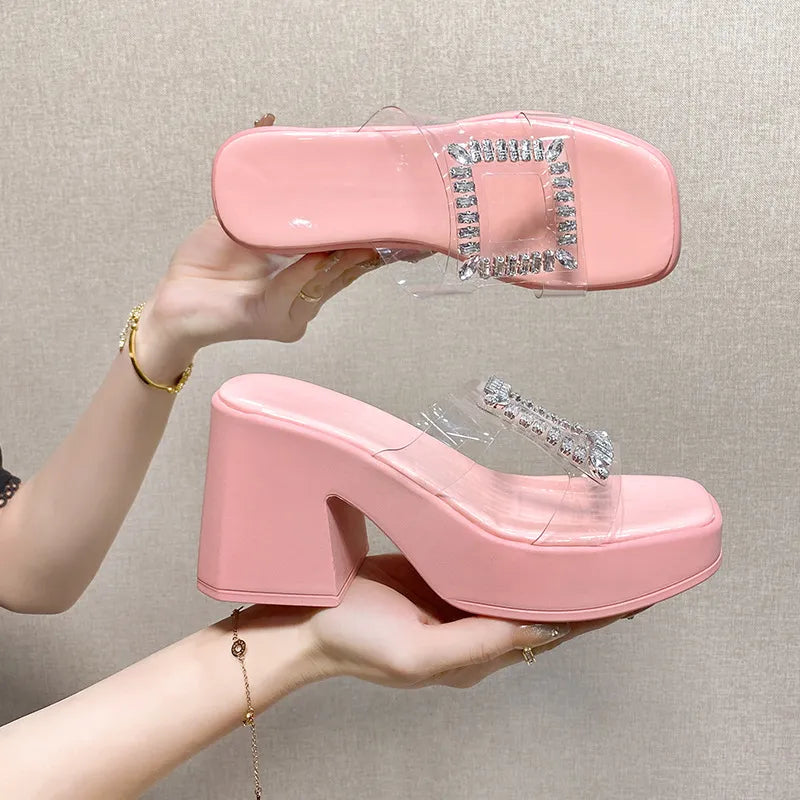 Rhinestone Open Toe Block Heels Sandals