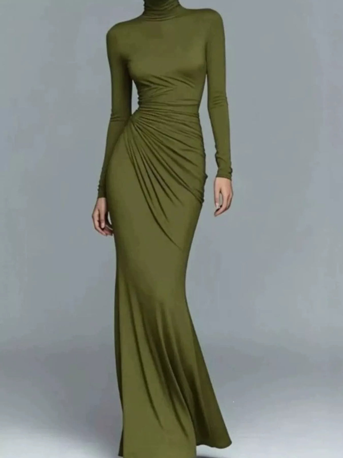 Turtleneck Long-Sleeve Ruched Maxi Dress
