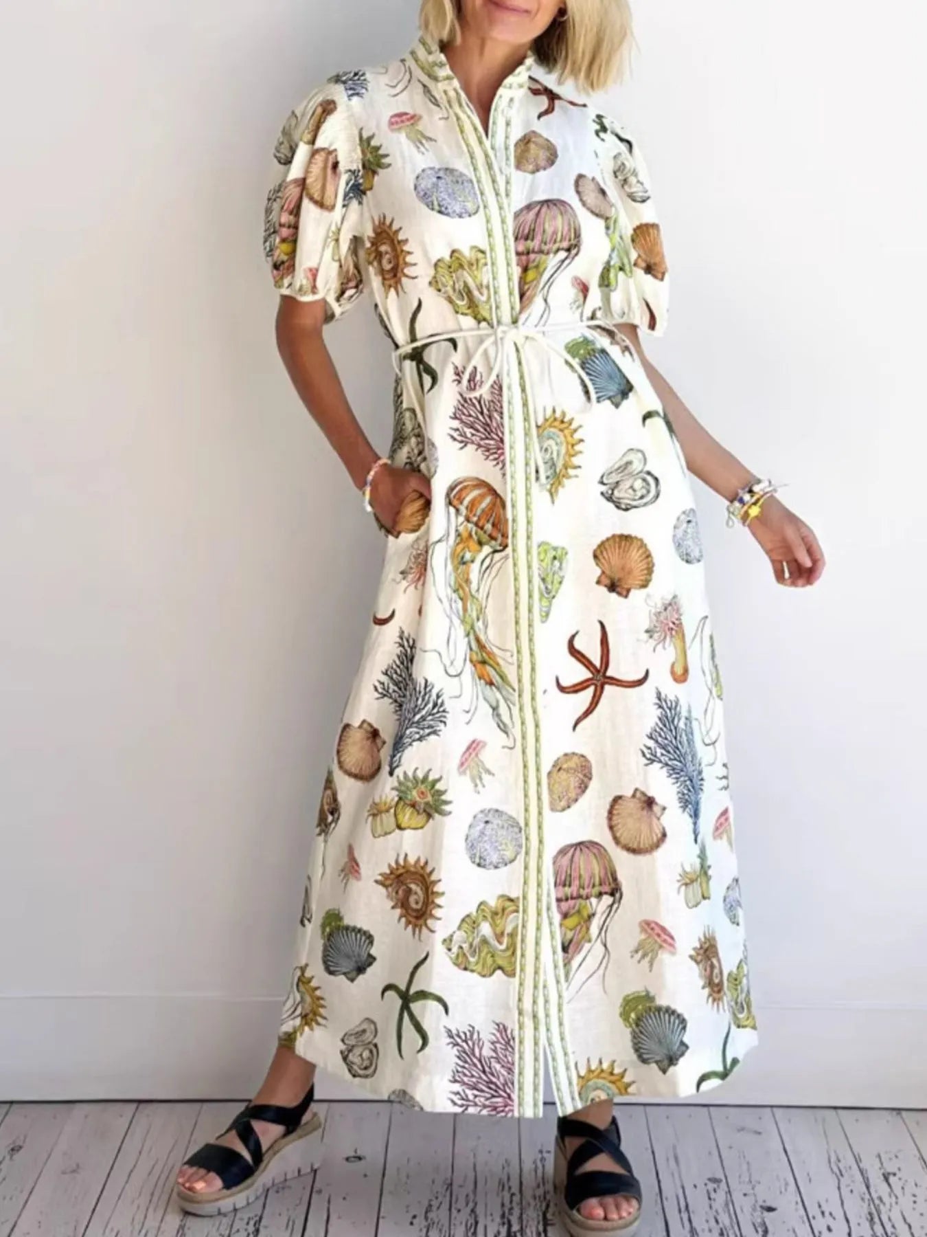 Printed Short Sleeve Shirt Dress