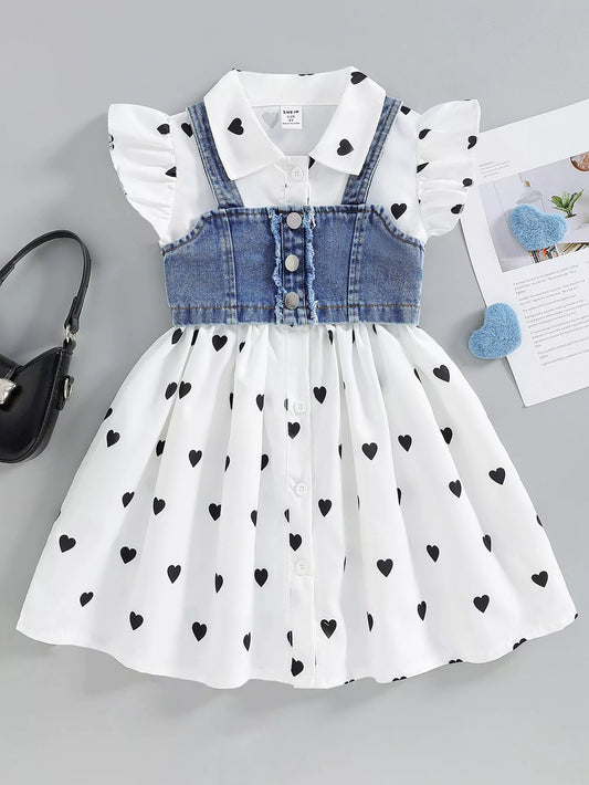 Children's Heart Print Dress & Denim Cami Set