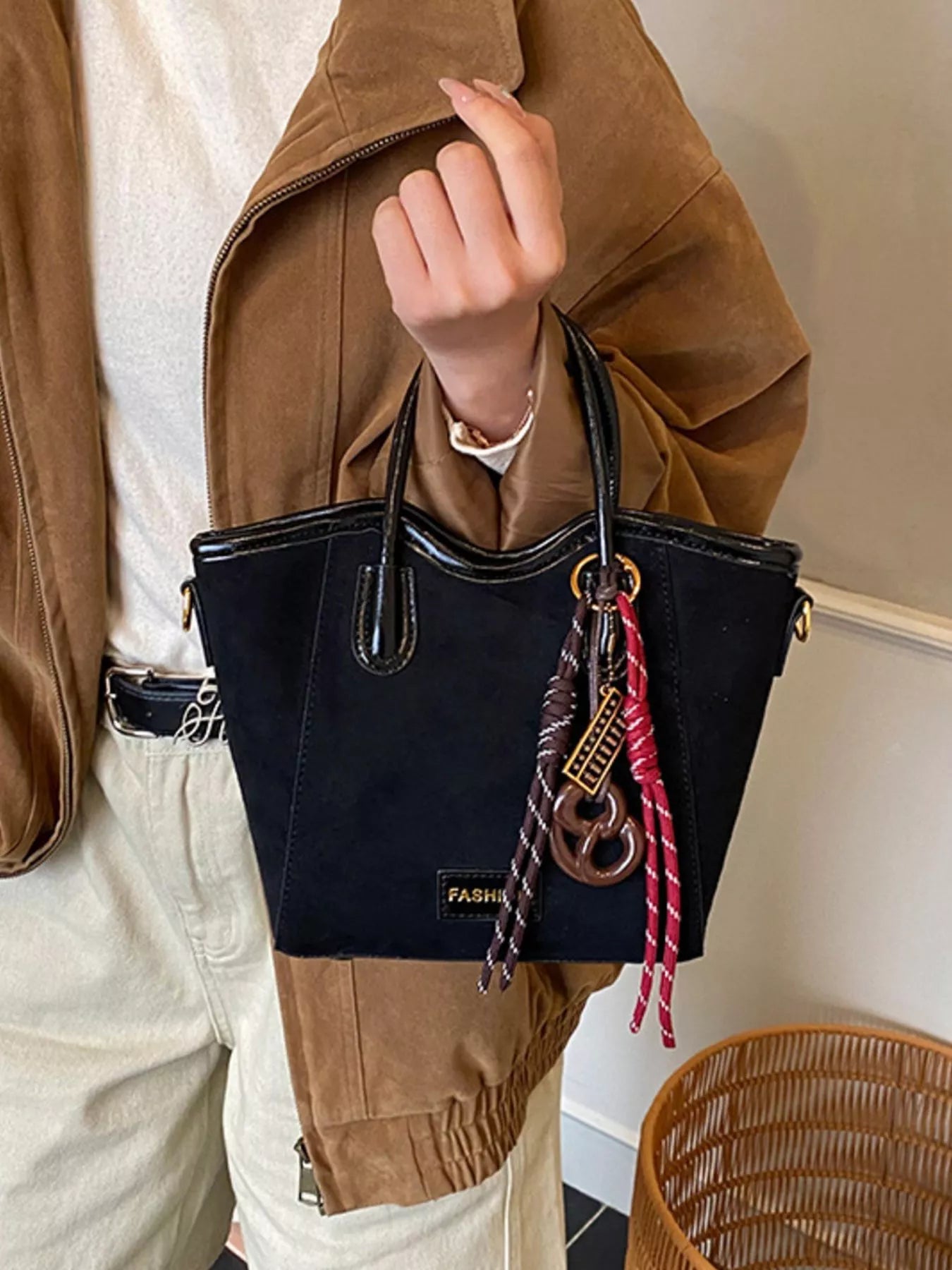 Suede Leather Strap Tote Bag