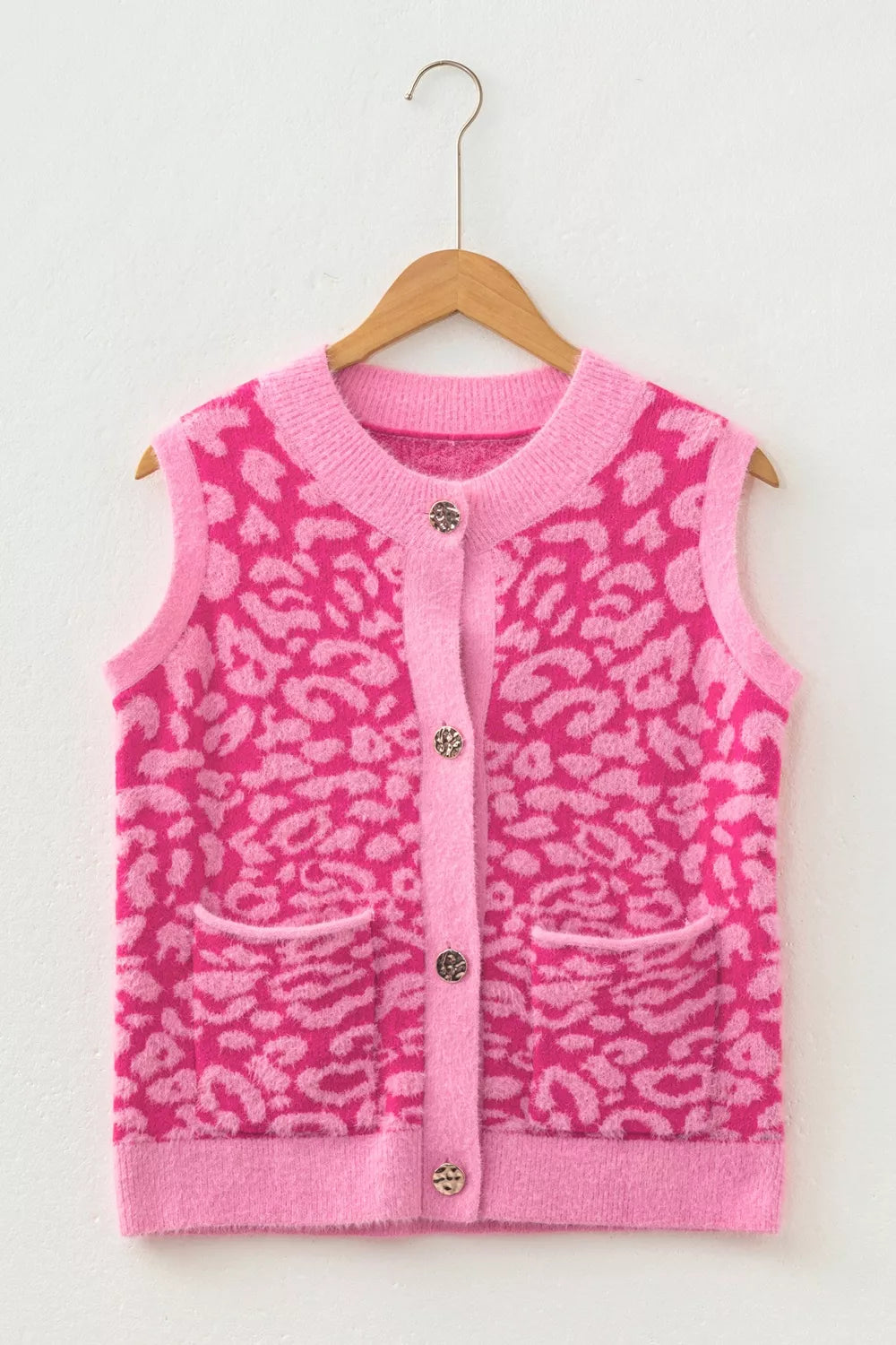 Leopard Button-Down Fuzzy Sweater Vest