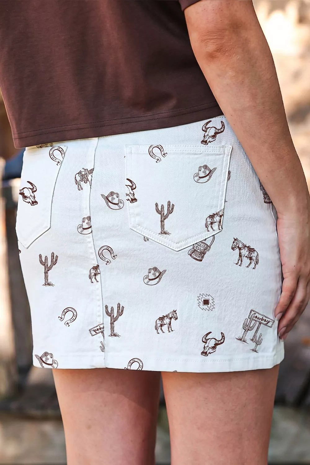 Western Print Cactus Horse Bull Denim Skirt