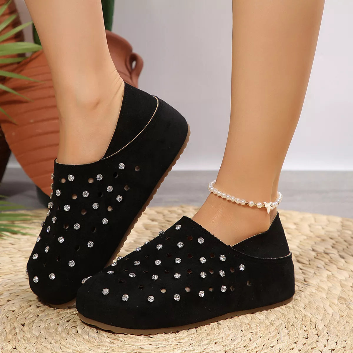 Rhinestone Round Toe Slip-Ons