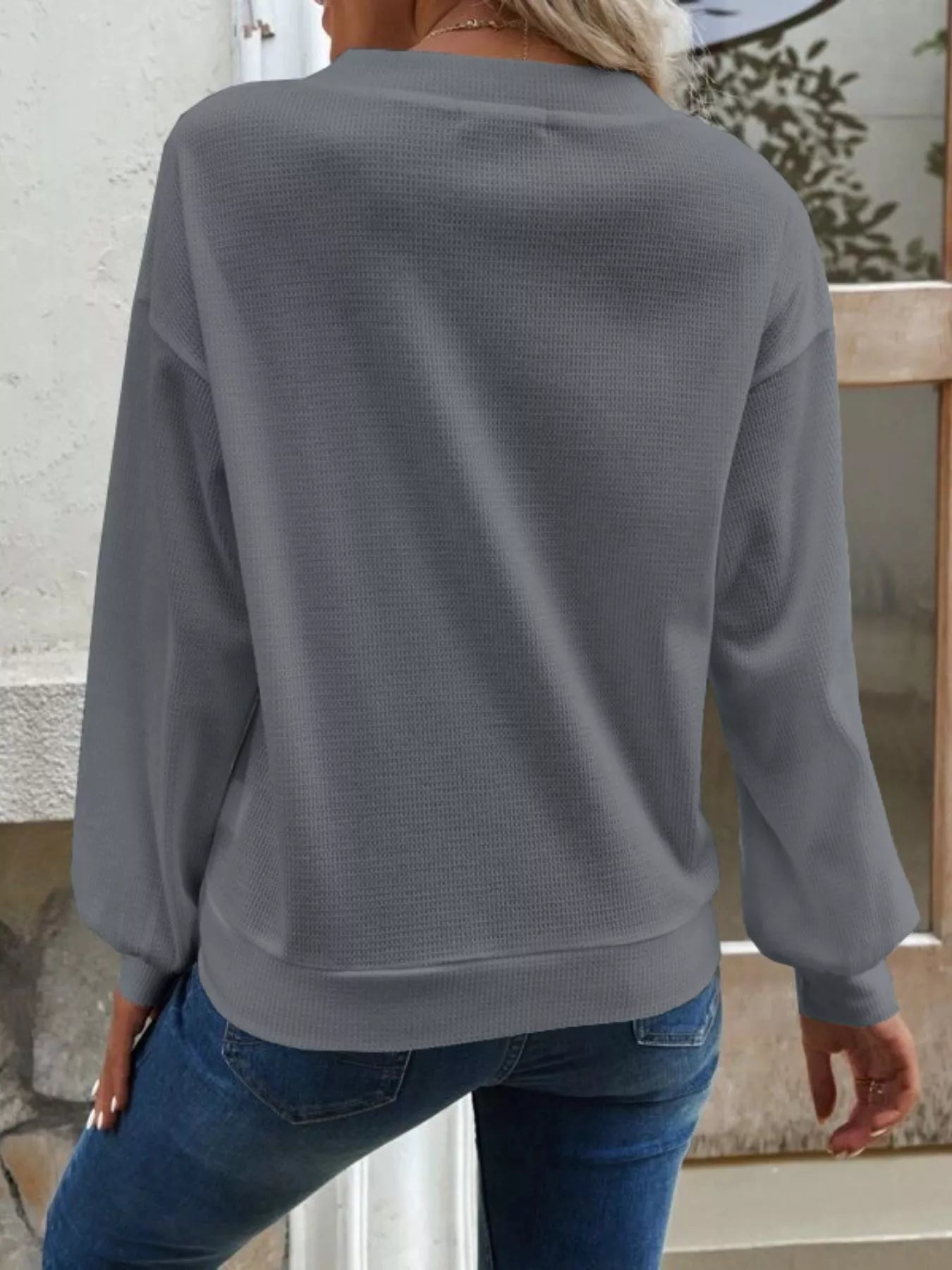 Casual V-Neck Waffle Long Sleeve Top