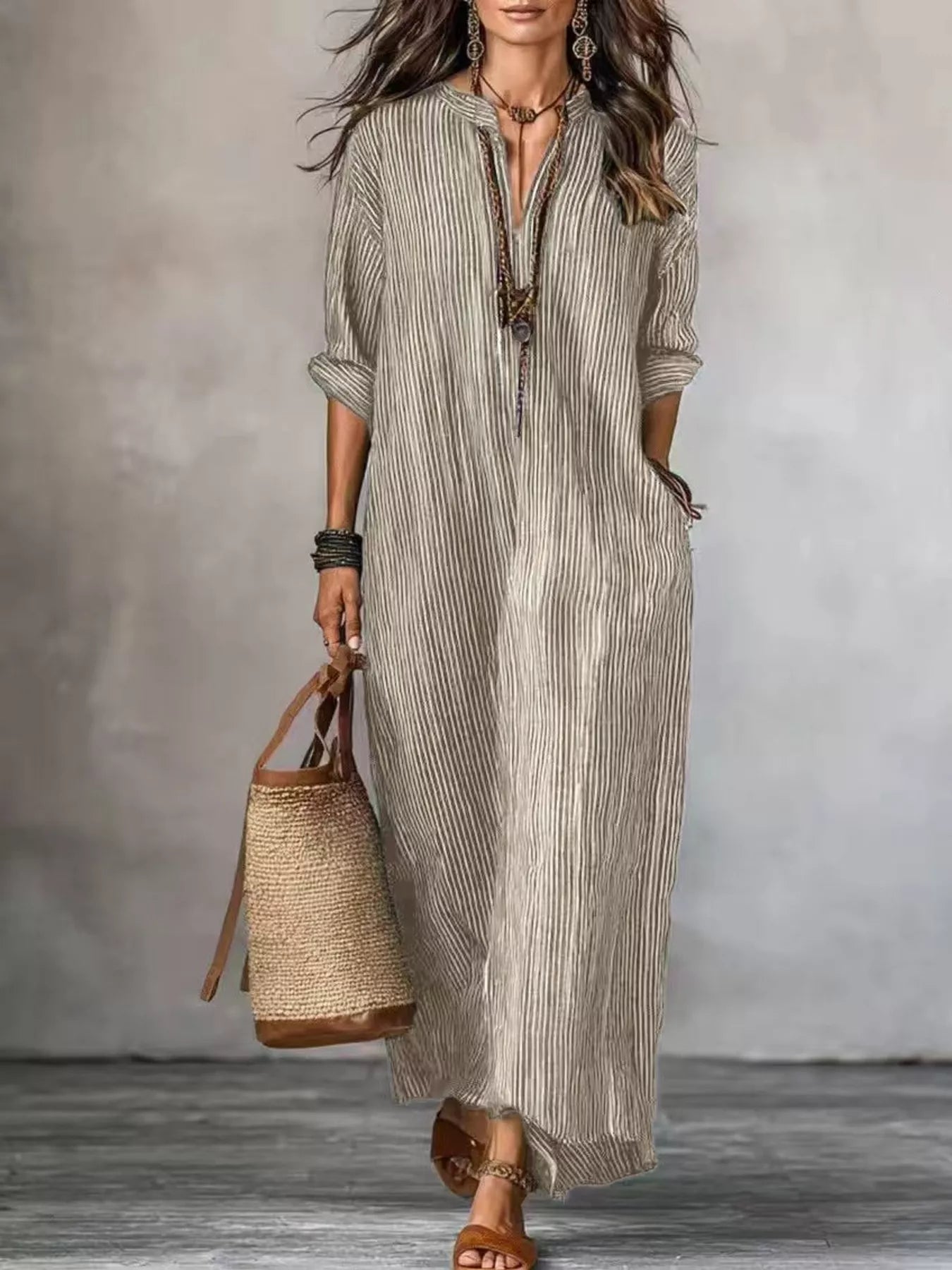 Full Size Striped Notched Maxi Dress with Pockets Plus Size