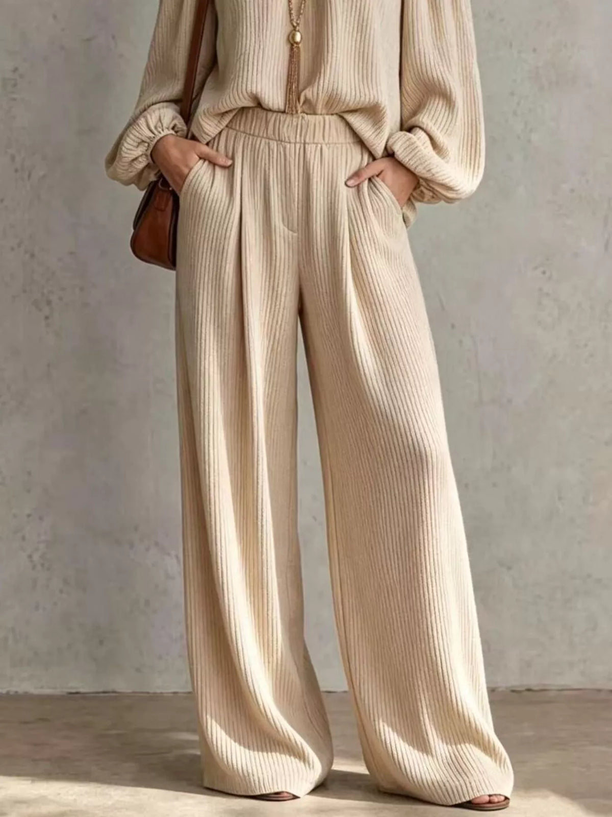 Off-Shoulder Crisscross Cutout Ribbed Knit Top and Wide-Leg Pants Set