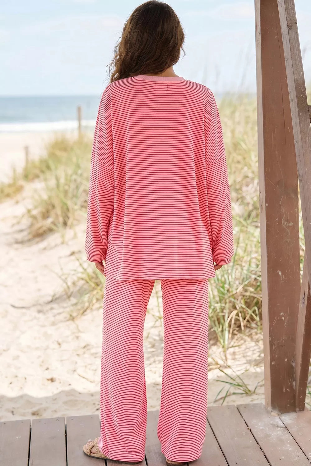 Striped Drop Shoulder Long Sleeve Top and Pants Set