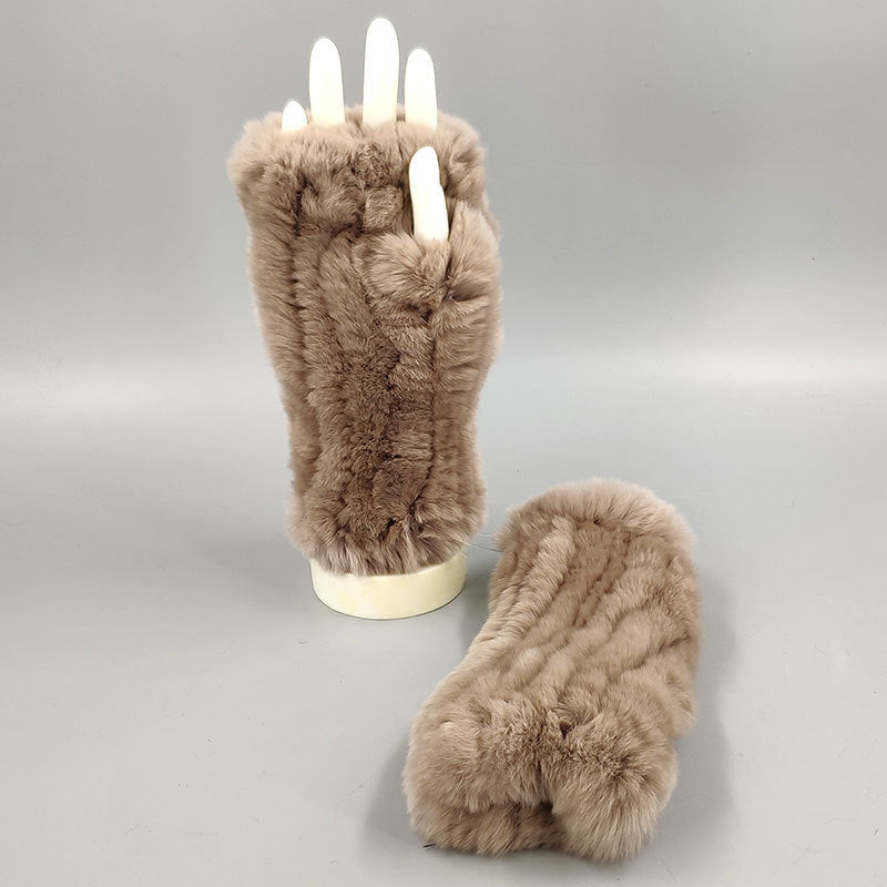 Winter Wristband Mid-Length Gloves - Rex Rabbit Fur Insulation With Striped Half-Finger Design