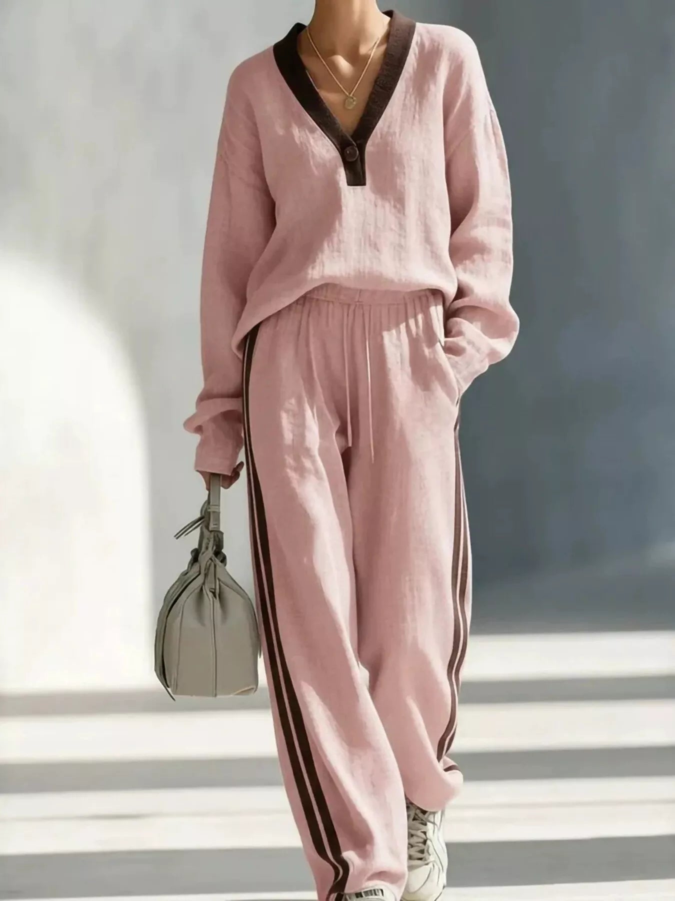 Contrast V-Neck Top and Striped Pants Set