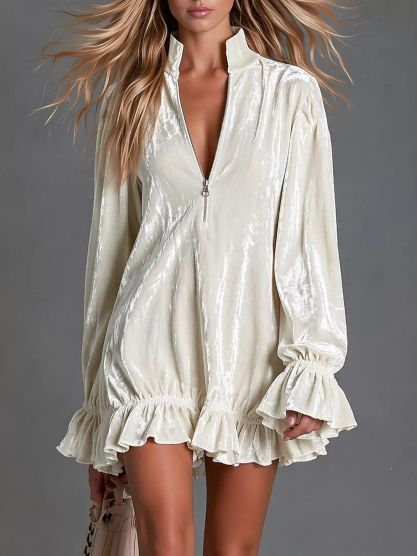 Full Size Zip-Front Ruffle Hem Mini Dress Plus Size