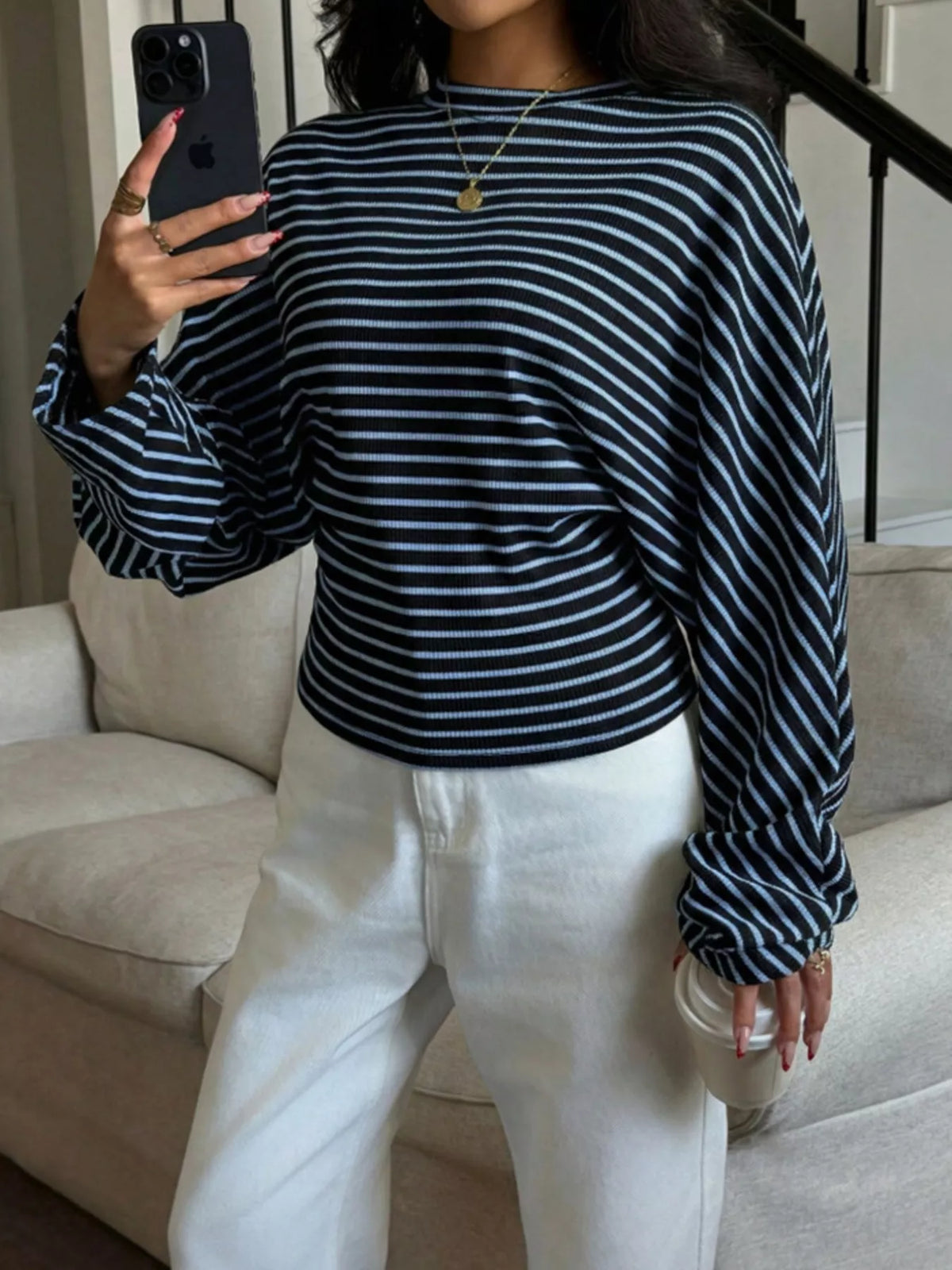 Casual Striped Long Sleeve Batwing T-Shirt