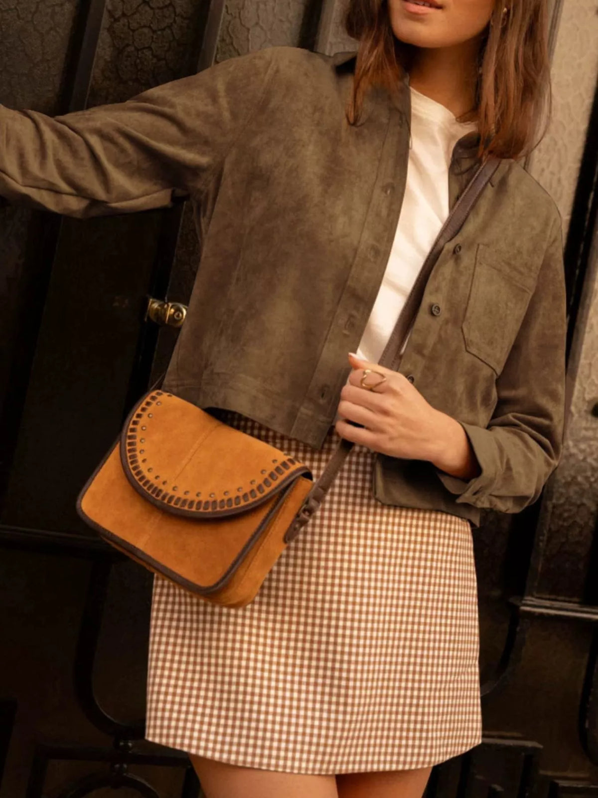 Cropped Faux Suede Button-Down Jacket