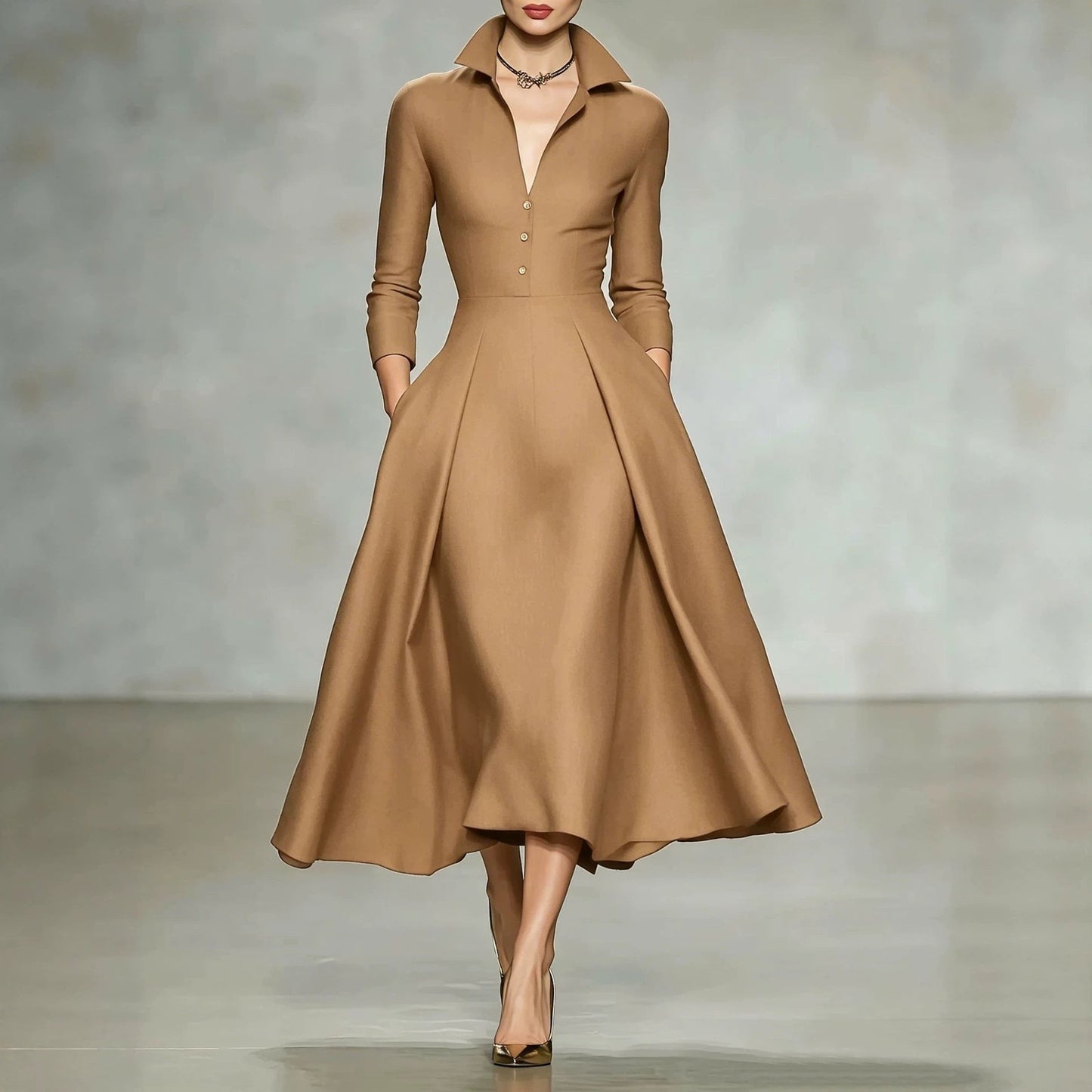 Deep V-Neck Shirt Collar Pleated A-Line Midi Dress with Pockets
