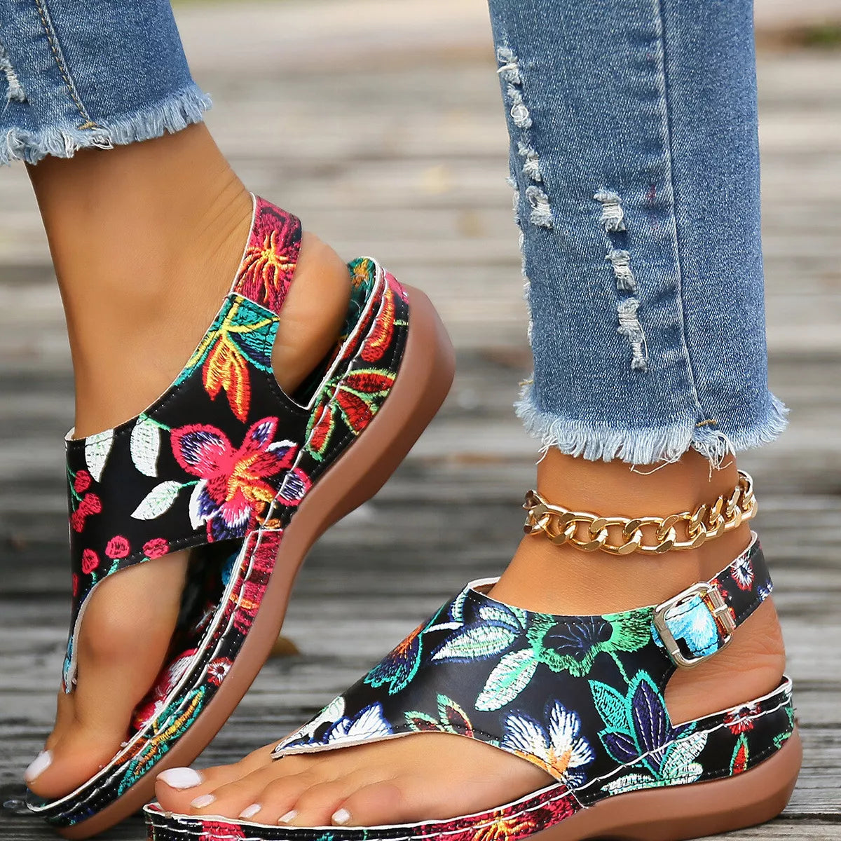 Floral Thong Wedge Sandals