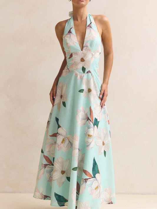 Floral Print Halter Neck Maxi Dress