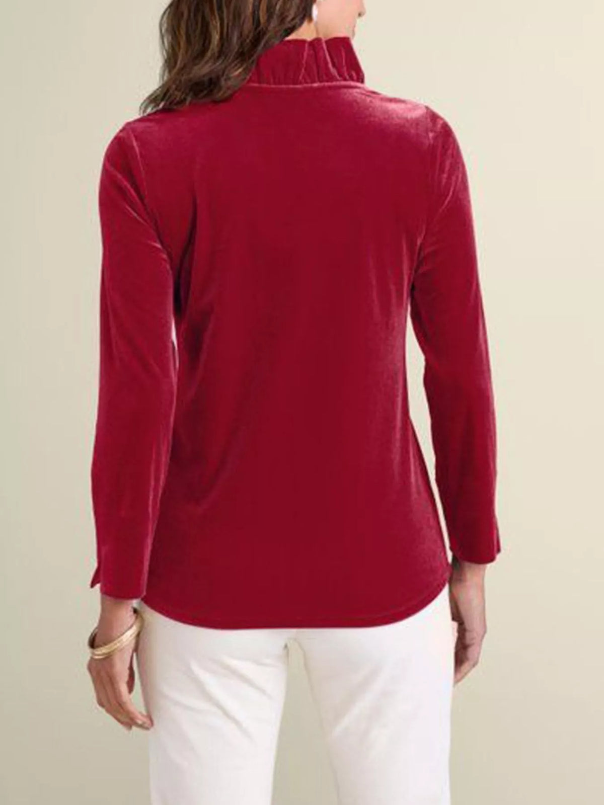 Velvet Long Sleeve Blouse with Ruffled V-Neck