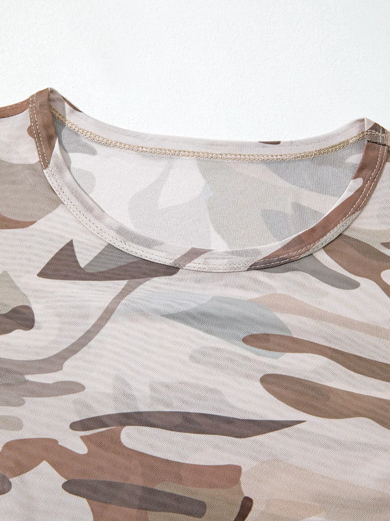 Camouflage Print Mesh Long Sleeve Top