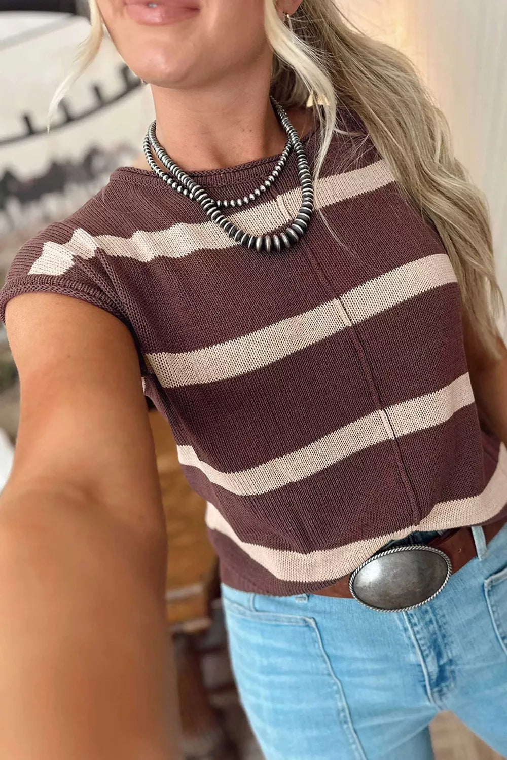 Stripe Knit Western Short Sleeve Sweater