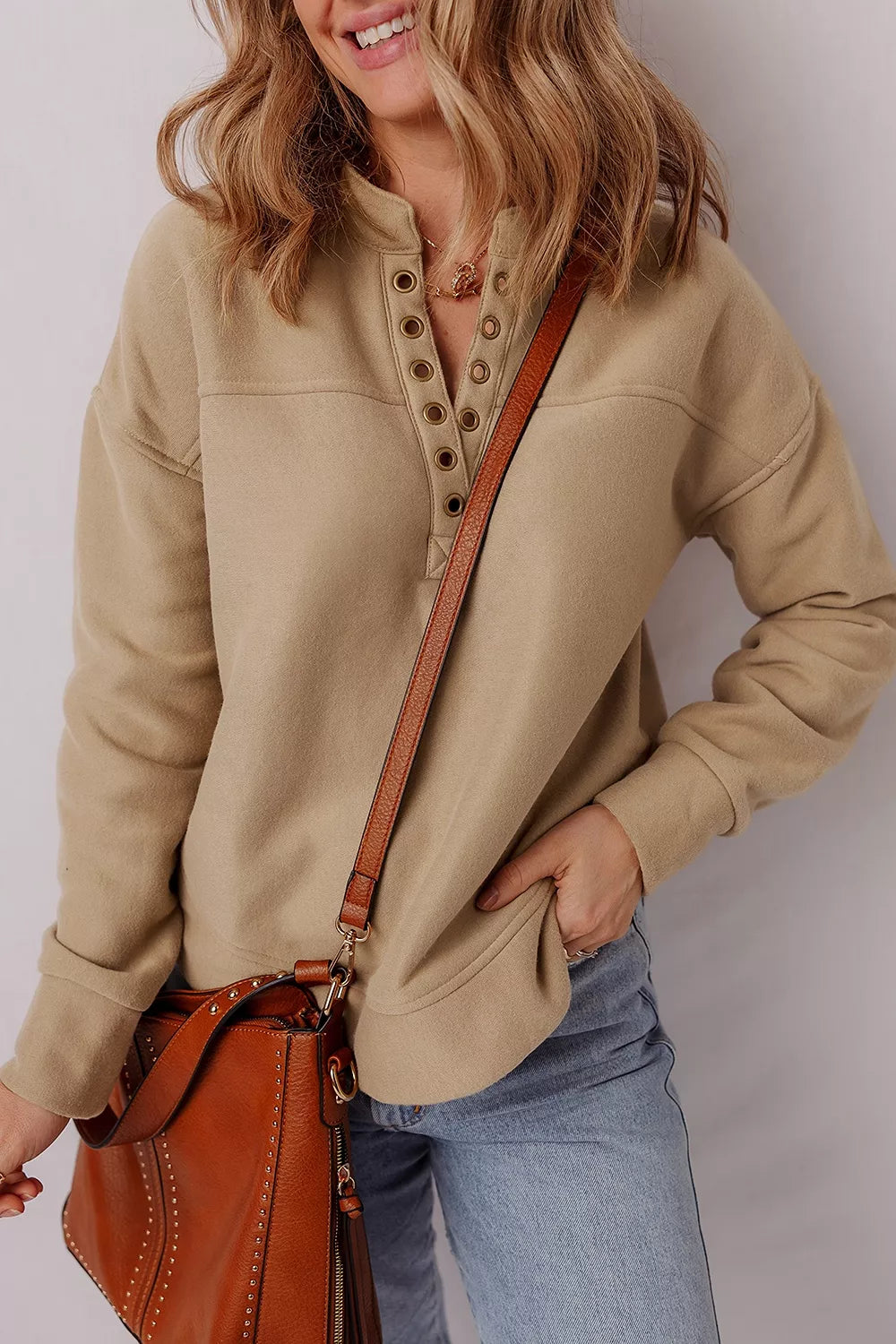 Eyelet Button Placket Dropped Shoulder Sweatshirt